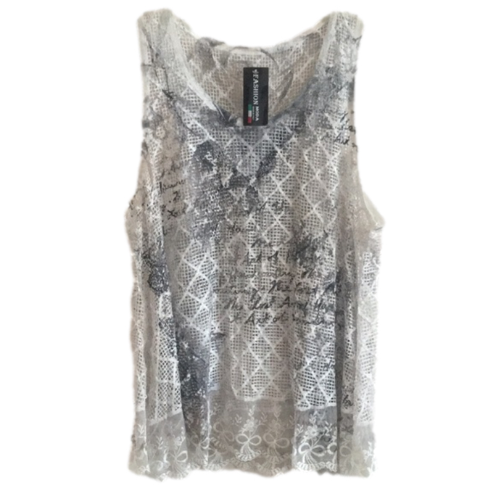 Italian Mesh with lace accent,  sleeveless top, sz L, with sides slits.
